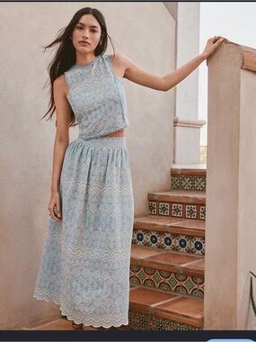 LOFT Pale Blue Sleeveless embroidered top and skirt set